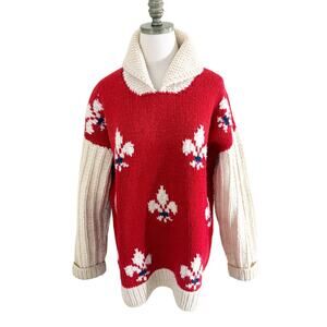 Vintage Red & Cream Wool Chunky Knit Fleur De Lis Sweater Women's Sz Large VGUC